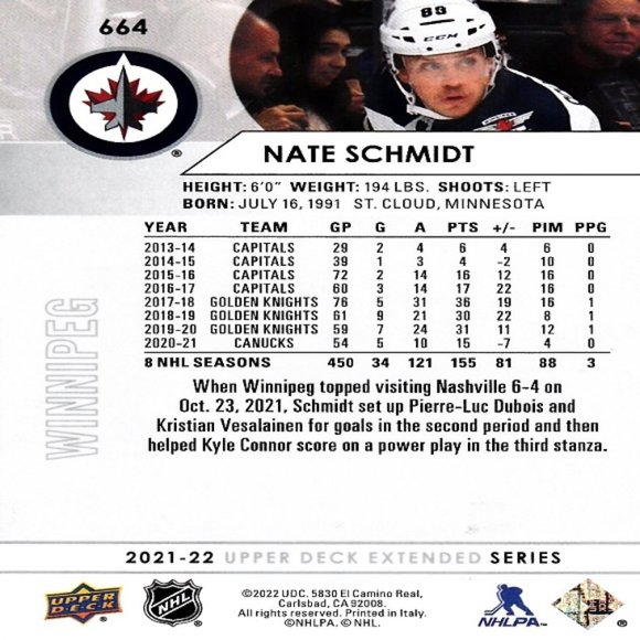 Nate Schmidt (Jets) 2021/2022 Upper Deck Extended Series Hockey Card -Number 664 - Picture 2 of 2